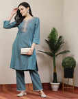 Women Solid Embroidered Kurta And Palazzo Set