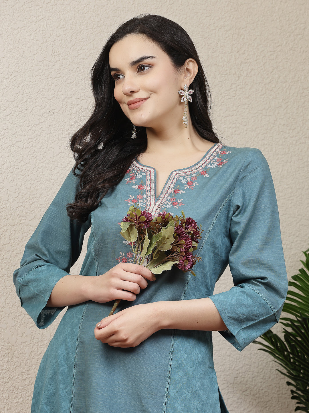 Women Solid Embroidered Kurta And Palazzo Set