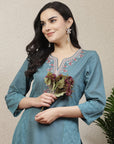 Women Solid Embroidered Kurta And Palazzo Set