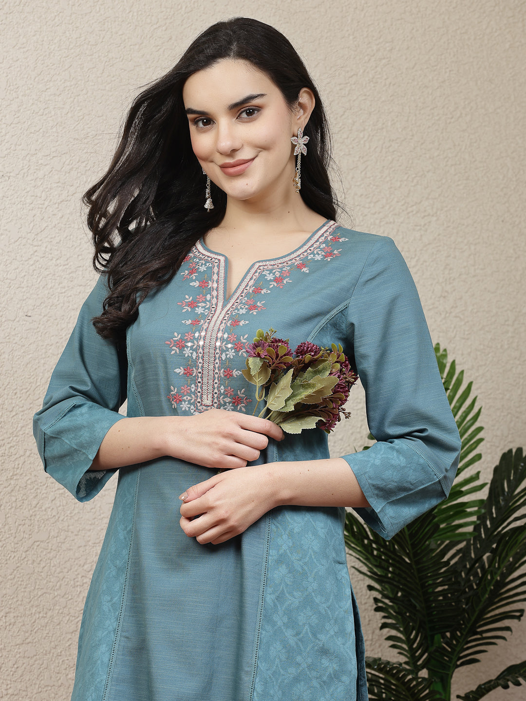 Women Solid Embroidered Kurta And Palazzo Set