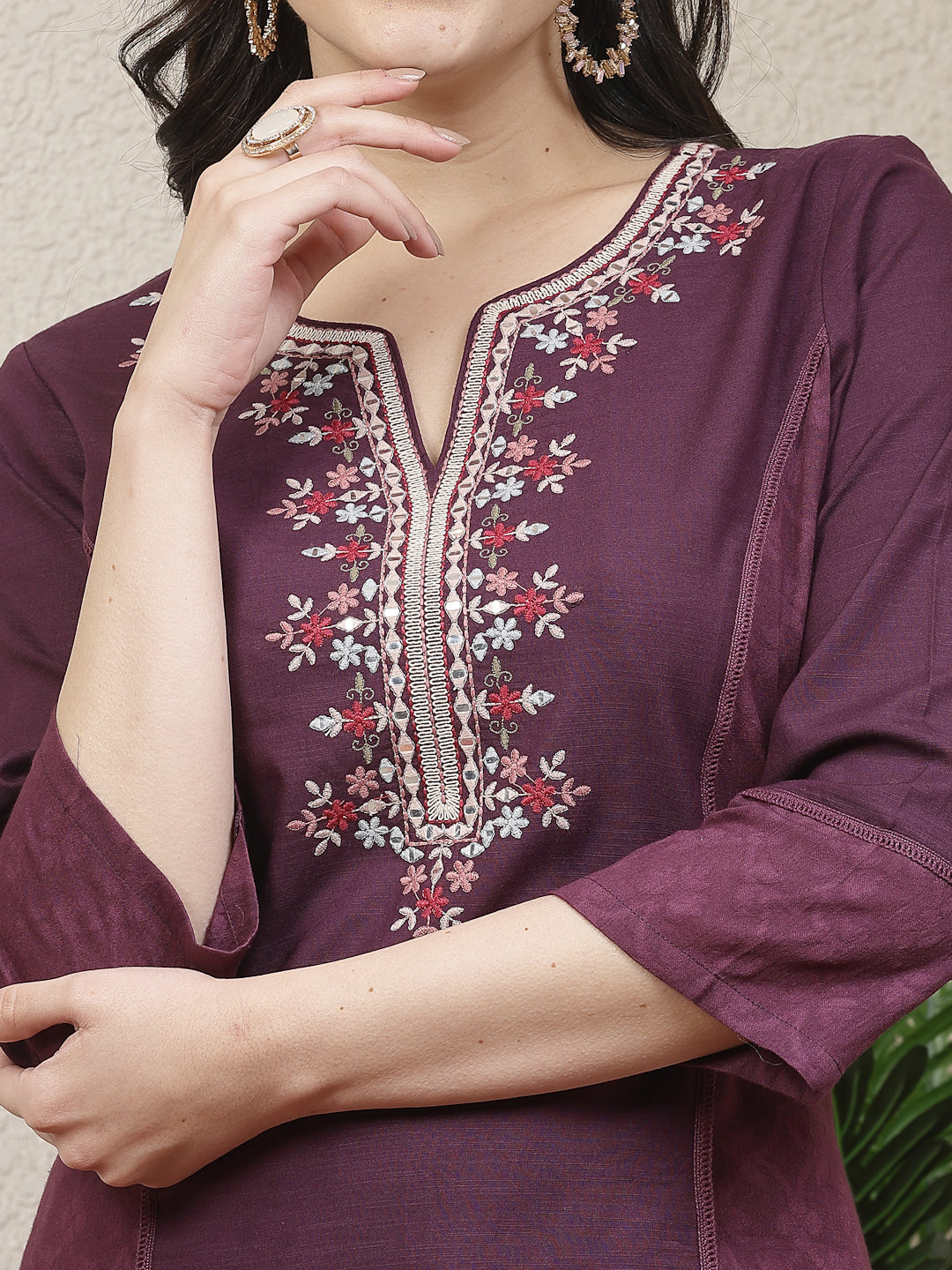 Women Solid Embroidered Kurta And Palazzo Set