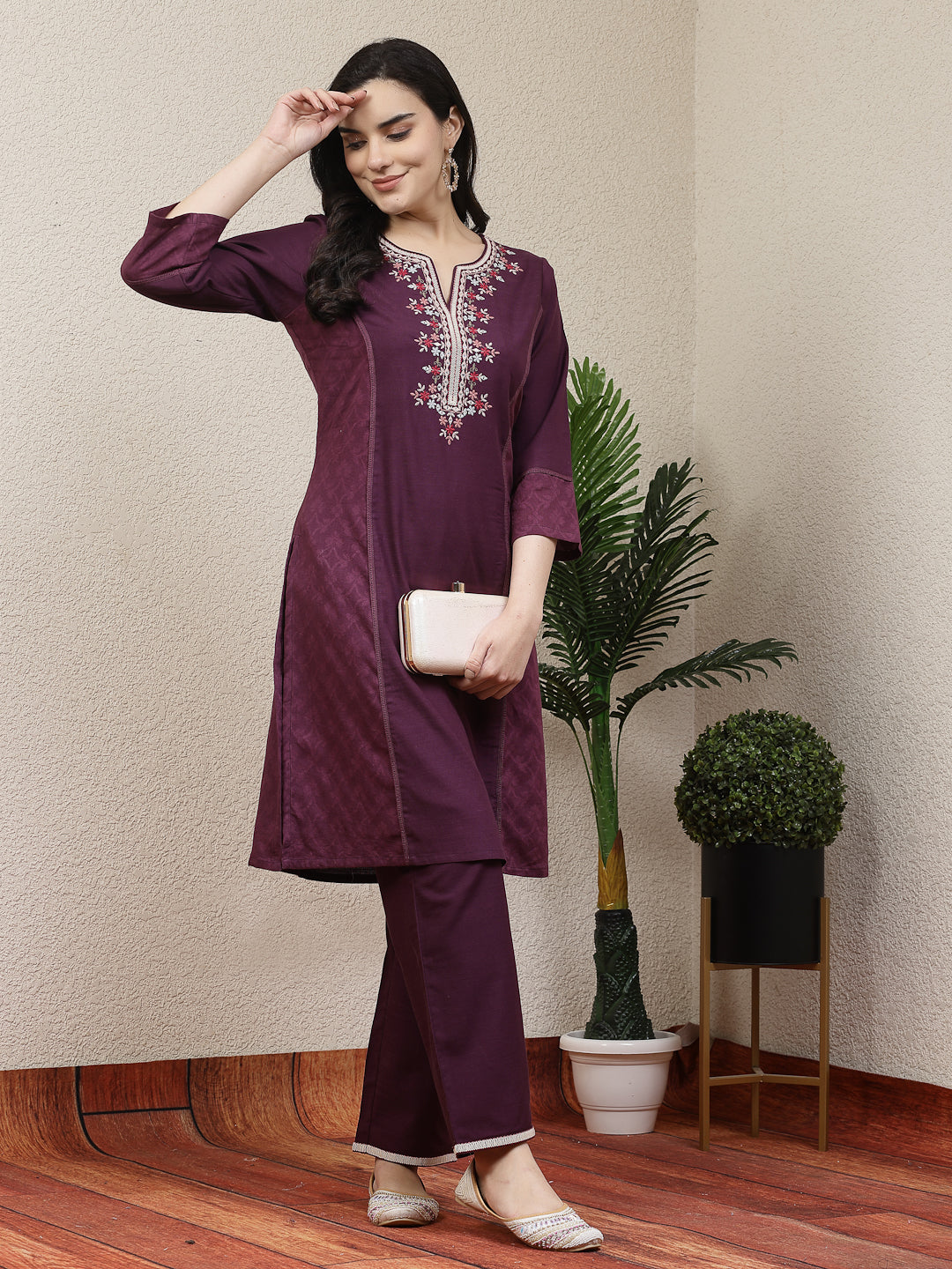 Women Solid Embroidered Kurta And Palazzo Set