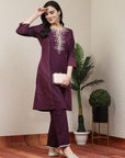 Women Solid Embroidered Kurta And Palazzo Set