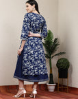 Floral Elegance Women'S Hand-Embroidered Cotton U-Line Blue Kurta