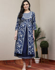 Floral Elegance Women'S Hand-Embroidered Cotton U-Line Blue Kurta