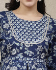 Floral Elegance Women'S Hand-Embroidered Cotton U-Line Blue Kurta