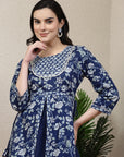 Floral Elegance Women'S Hand-Embroidered Cotton U-Line Blue Kurta