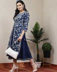 Floral Elegance Women'S Hand-Embroidered Cotton U-Line Blue Kurta