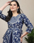 Floral Elegance Women'S Hand-Embroidered Cotton U-Line Blue Kurta