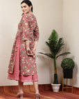 Floral Elegance Women'S Hand-Embroidered Cotton U-Line Rust Kurta