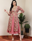 Floral Elegance Women'S Hand-Embroidered Cotton U-Line Rust Kurta