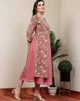 Floral Elegance Women'S Hand-Embroidered Cotton U-Line Rust Kurta