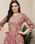 Floral Elegance Women'S Hand-Embroidered Cotton U-Line Rust Kurta