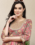 Floral Elegance Women'S Hand-Embroidered Cotton U-Line Rust Kurta