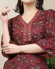 Blooms Of Traditional Red Floral Jaal V Neck Ethnic Upper Dress