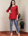 Women Solid Embroidered Tie Up Neck Top