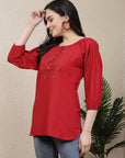 Women Solid Embroidered Tie Up Neck Top