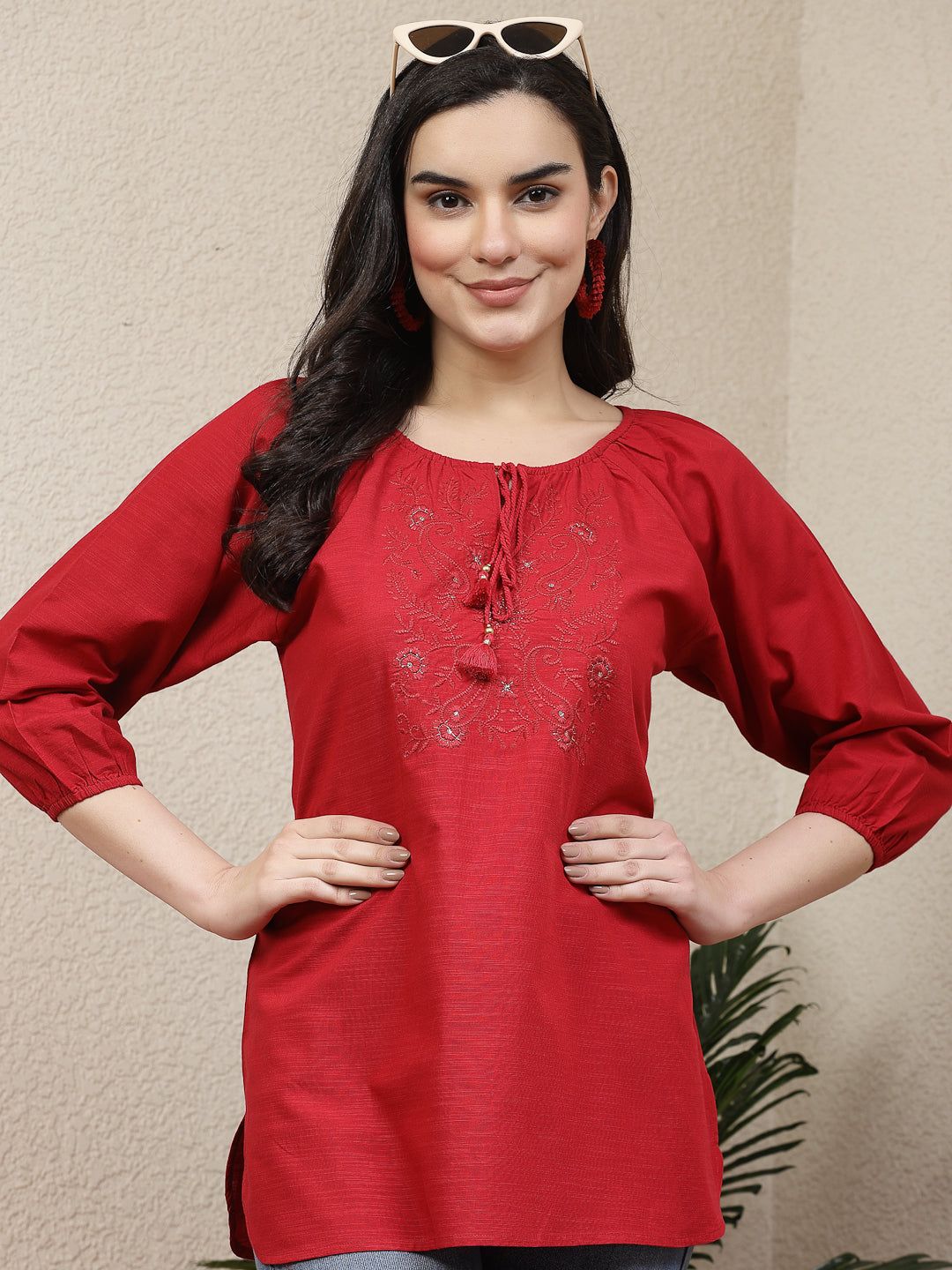 Women Solid Embroidered Tie Up Neck Top