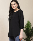 Women Solid Embroidered Tie Up Neck Top