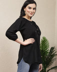 Women Solid Embroidered Tie Up Neck Top