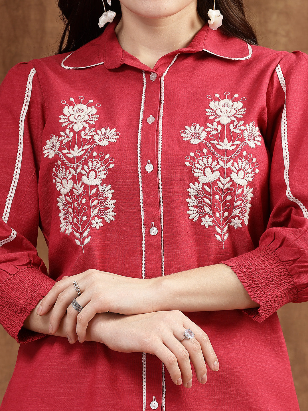 Collared Embroidered Top With Smocking Detail At  Sleeve Cuff