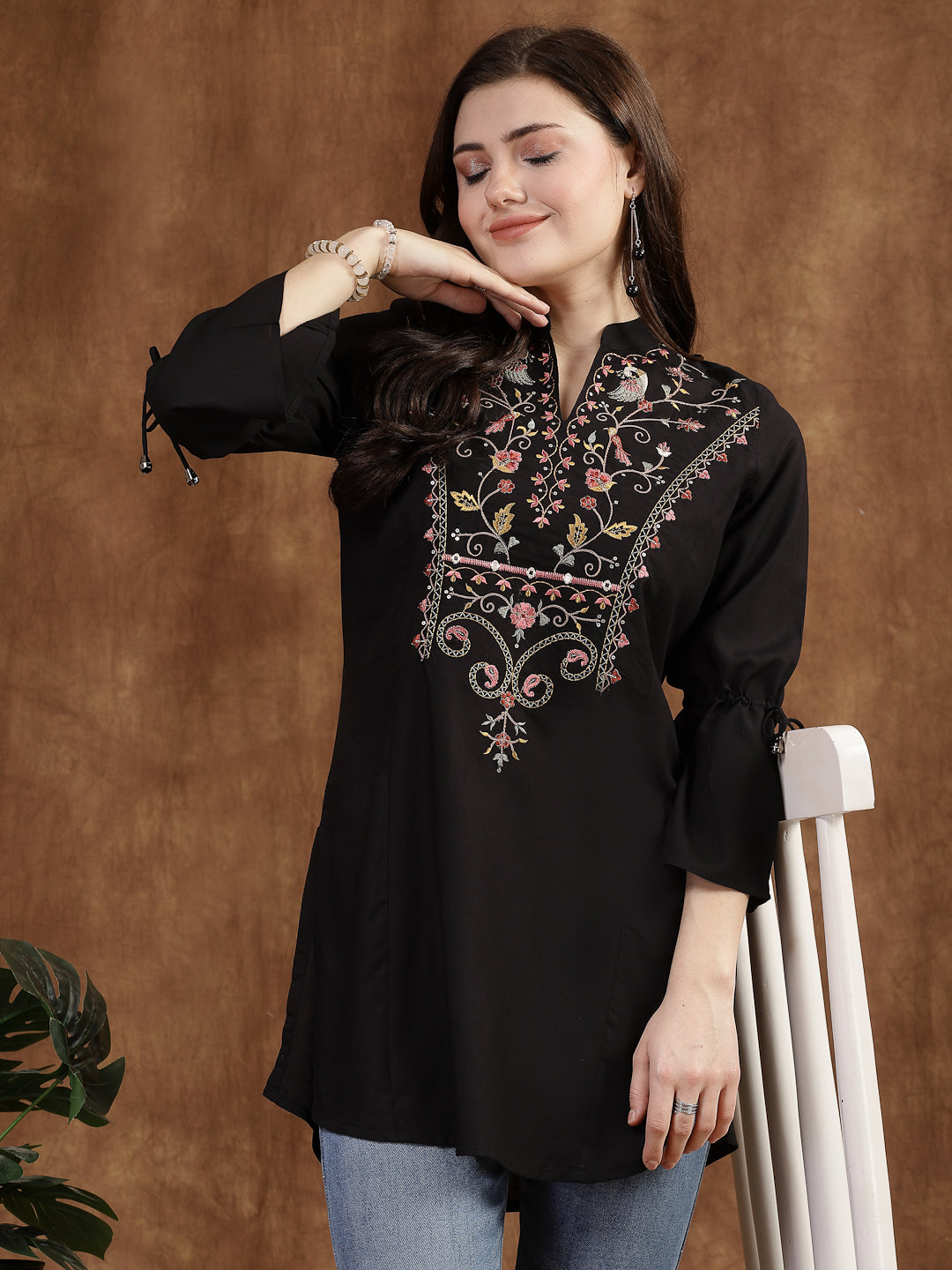 Viscose Rayon Mandarin Collar Embroidered Tunic