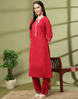 Solid Cotton Linen Kurta Set with Ethnic Embroidery
