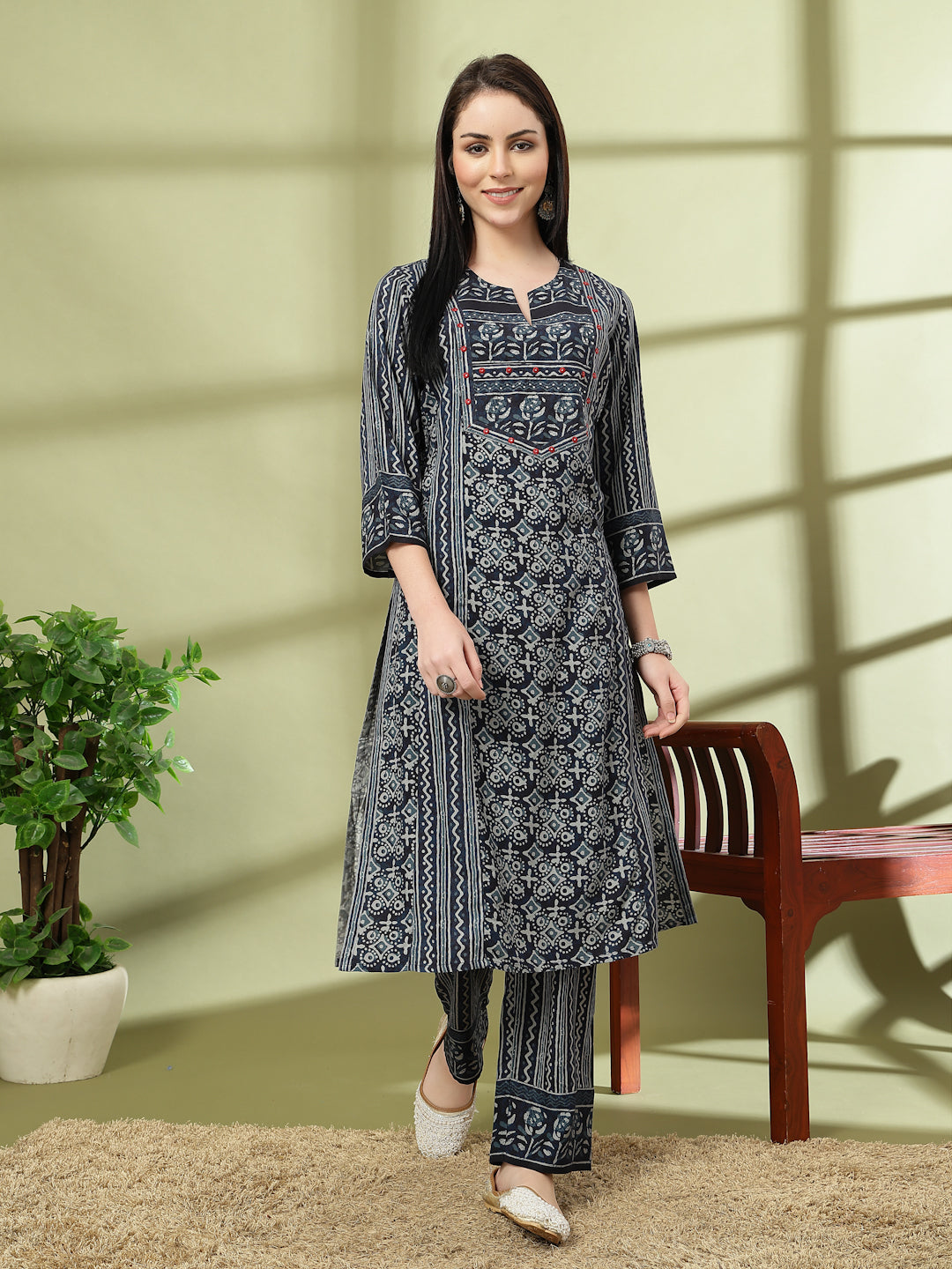 Abstract Printed A-Line Rayon Kurta Set with Sewroskie Work