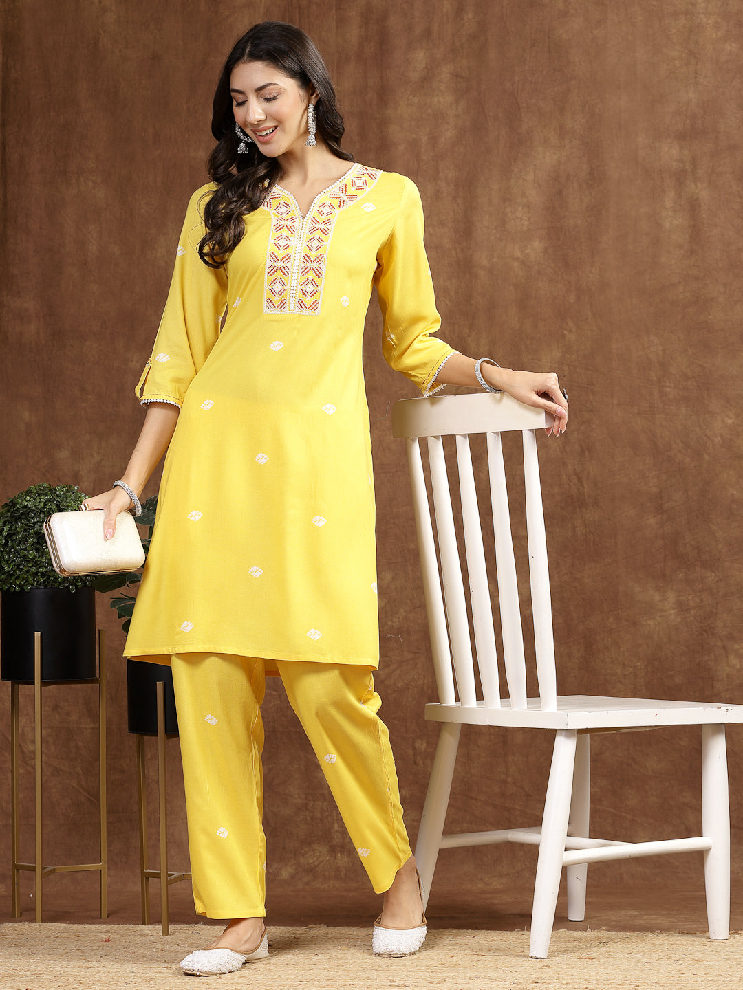 Embroidered A-Line Kurta And Palazzo Set