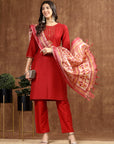 Women'S Solid Silk Kurta And Palazzo Set With Dupatta