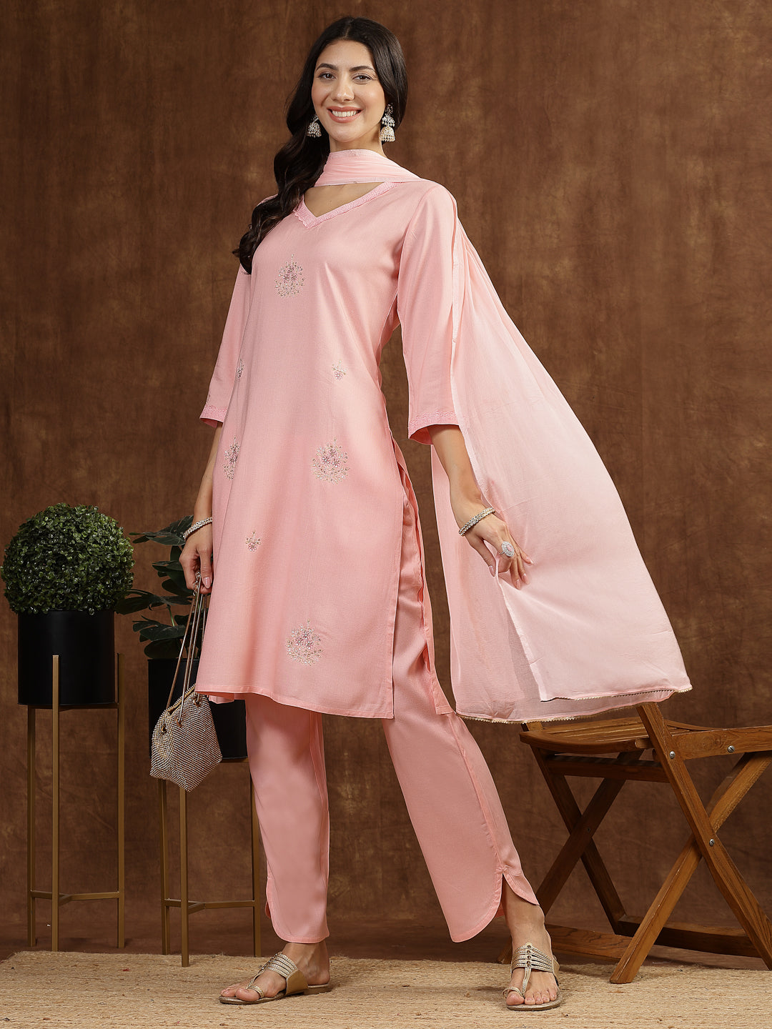 Solid Straight Kurta And Palazzo Set With Dupatta