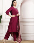 Women'S Solid Silk Kurta And Palazzo Set With Dupatta