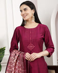 Women'S Solid Silk Kurta And Palazzo Set With Dupatta