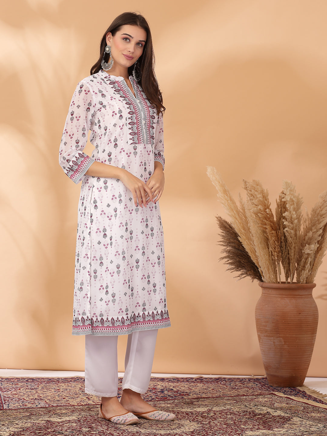 Ethnic Printed A-Line Poly Georgette Kurta Set with Sewroskie Work