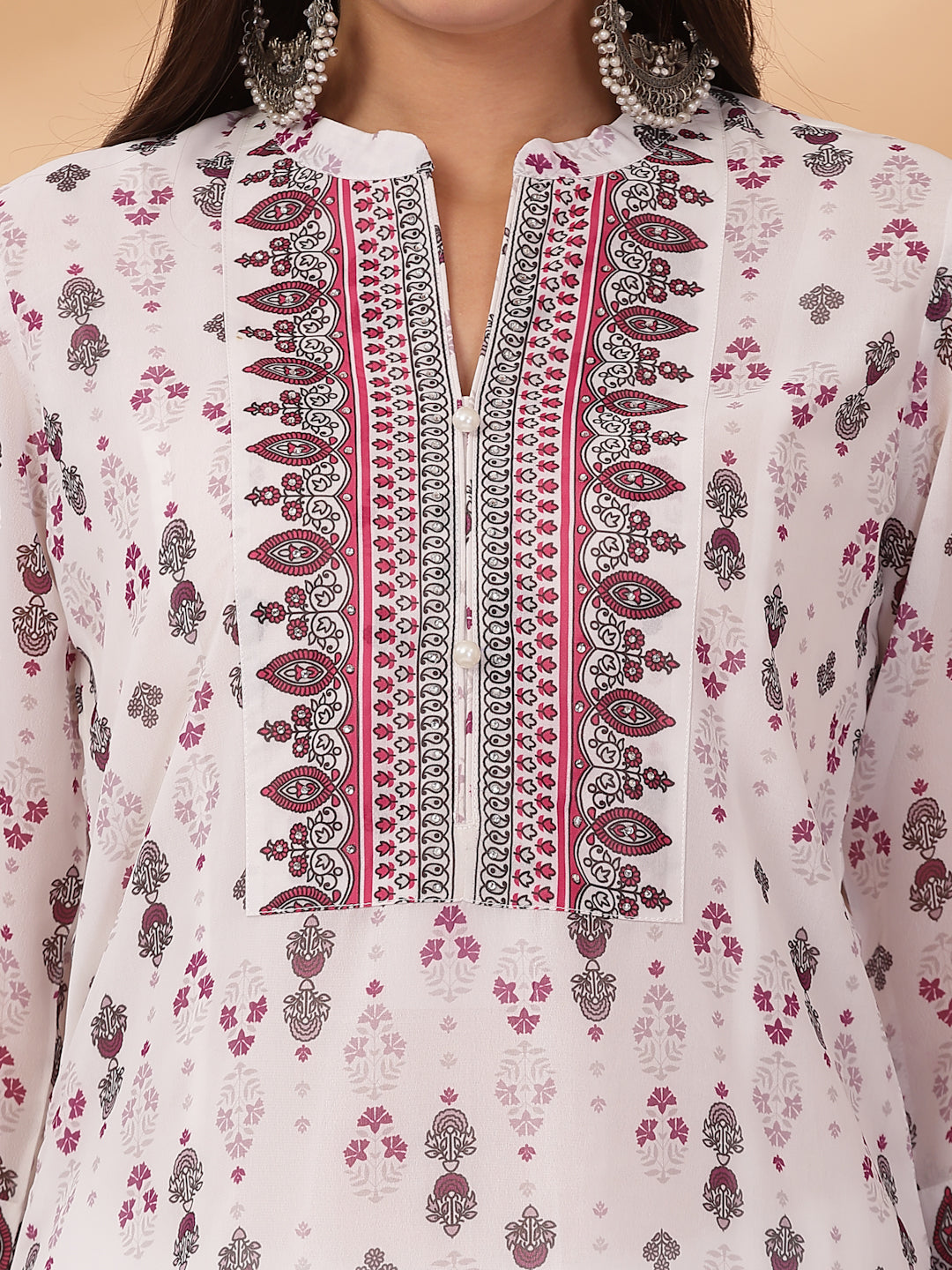 Ethnic Printed A-Line Poly Georgette Kurta Set with Sewroskie Work