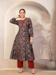 Floral Printed Flared Modal Chanderi Kurta with Embroidery & Palazzo