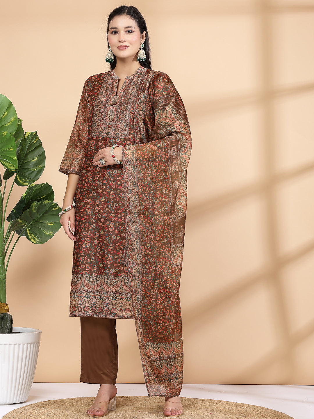 Floral Printed Poly Chanderi Kurta And Palazzo Set With Dupatta