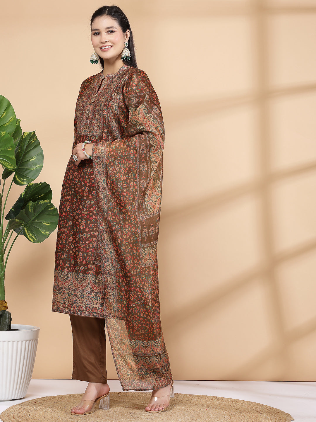 Floral Printed Poly Chanderi Kurta And Palazzo Set With Dupatta