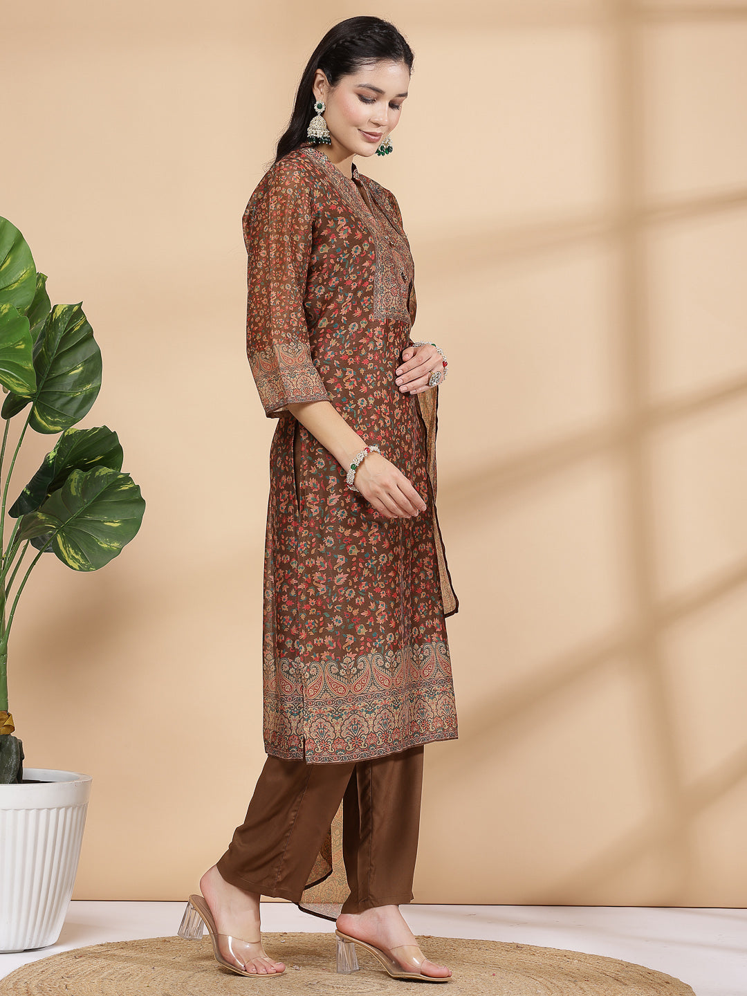 Floral Printed Poly Chanderi Kurta And Palazzo Set With Dupatta