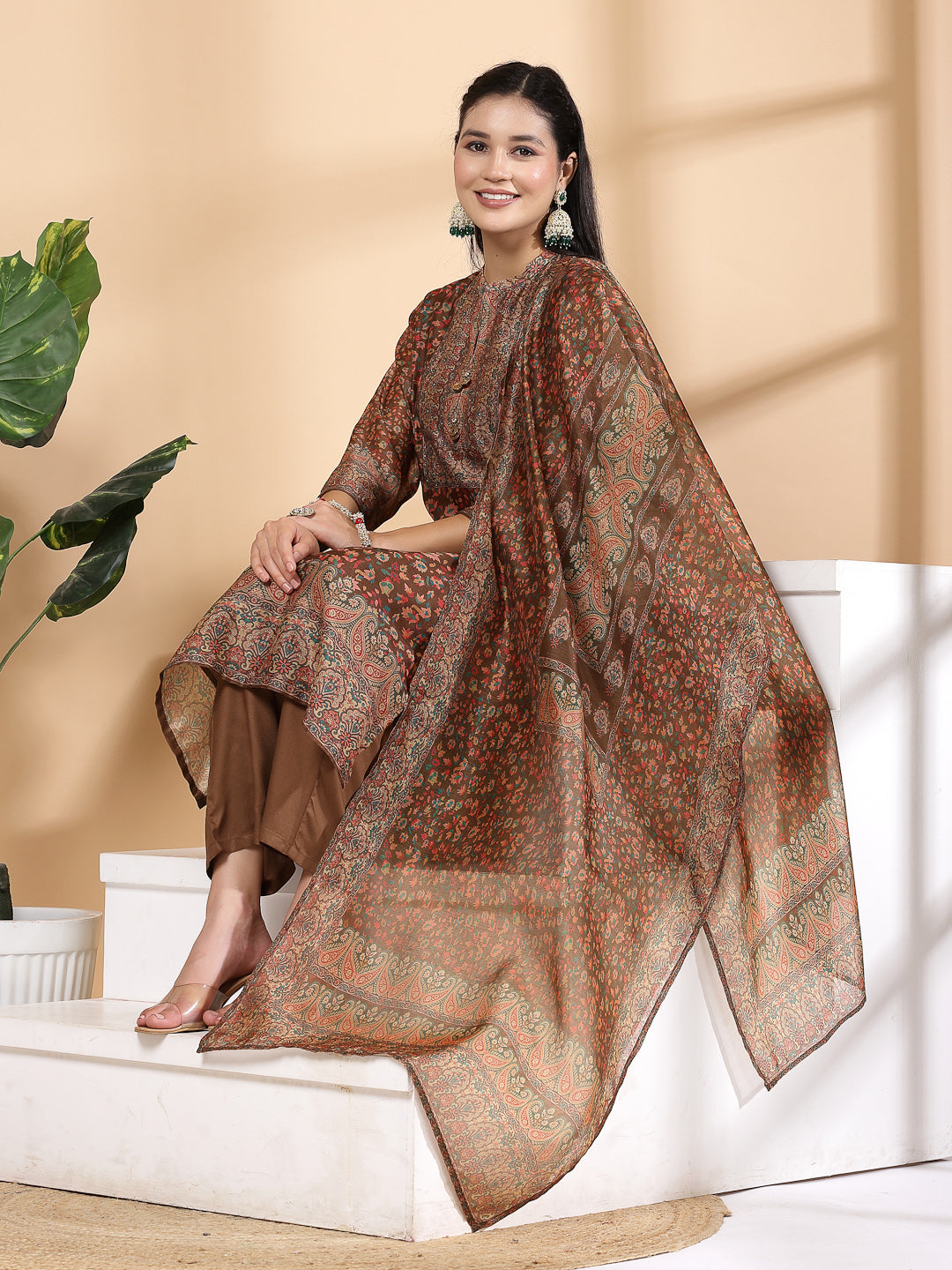 Floral Printed Poly Chanderi Kurta And Palazzo Set With Dupatta