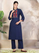 Solid Straight Cotton Linen Kurta Set with Geometric Embroidery