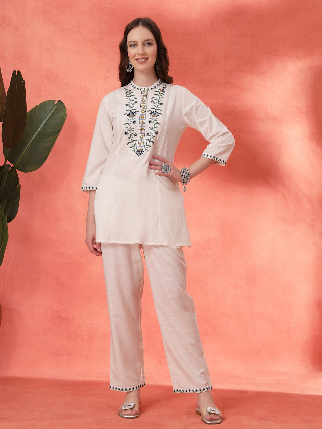 Solid A-Line Cotton Kurta Set with Embroidery &amp; Palazzo