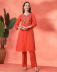 Solid Straight Cotton Cambric Kurta Set with Ethnic Embroidery