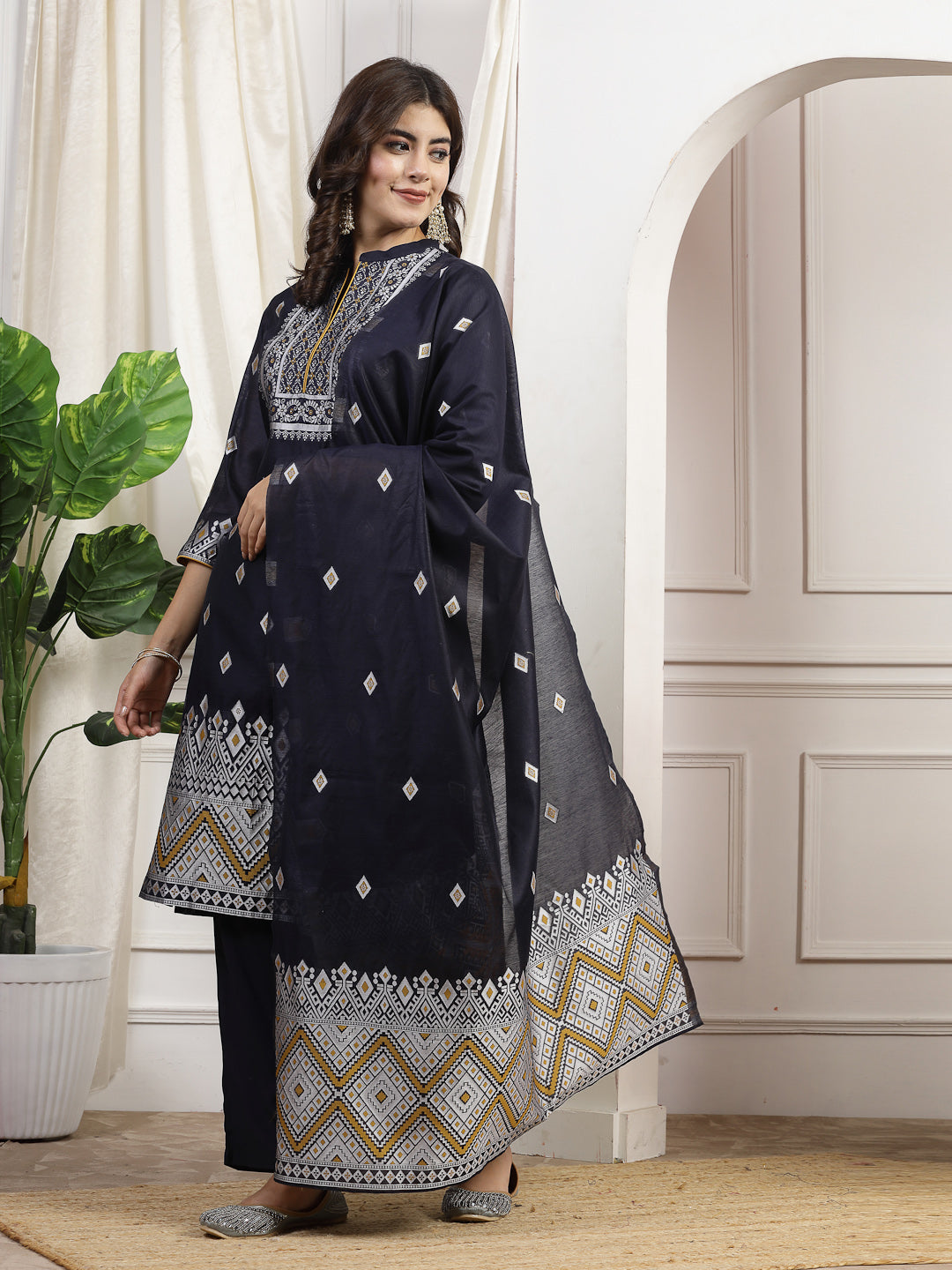 Geometric Printed A-Line Poly Chanderi Kurta Set with Dupatta