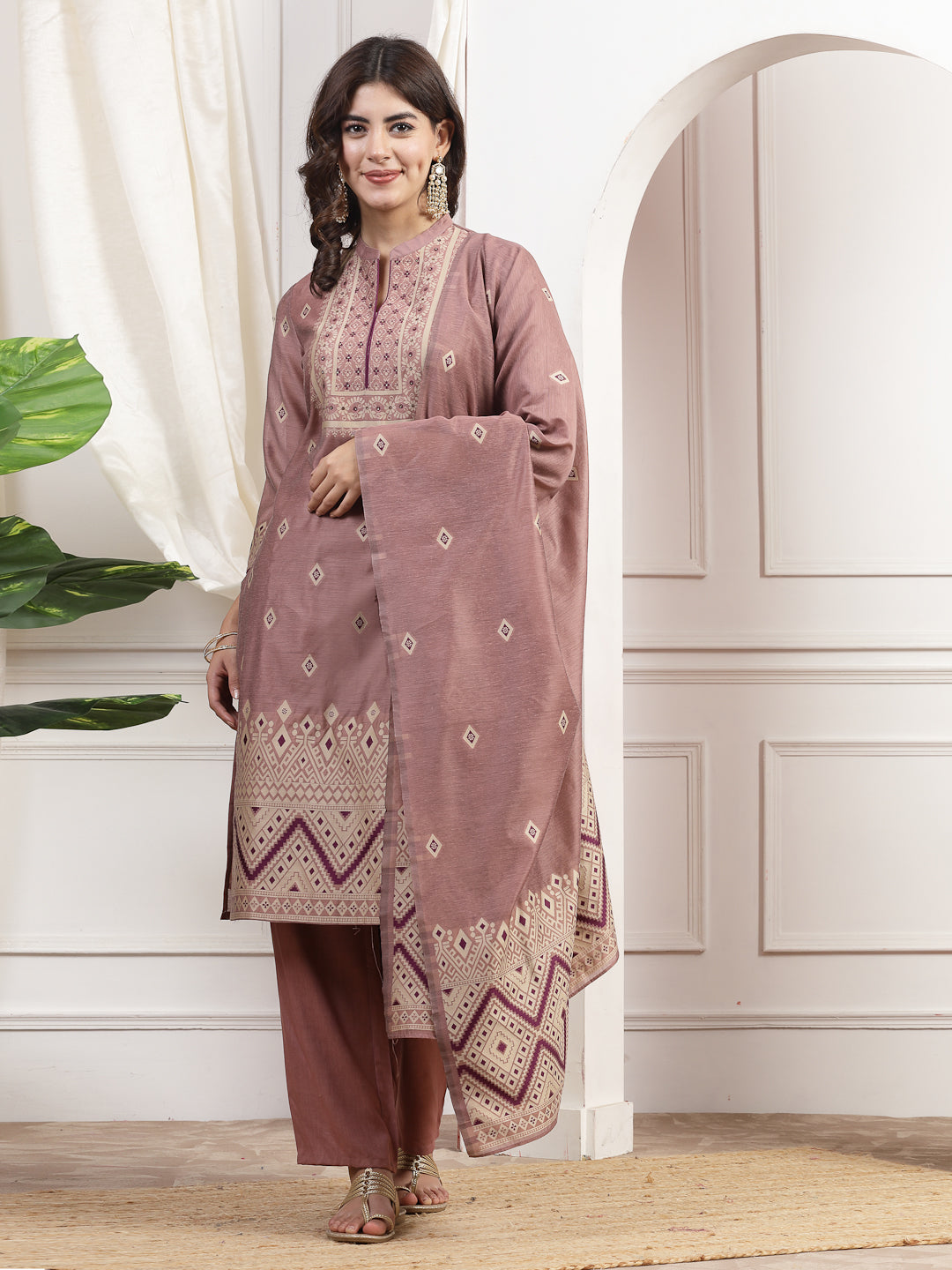 Geometric Printed A-Line Poly Chanderi Kurta Set with Dupatta