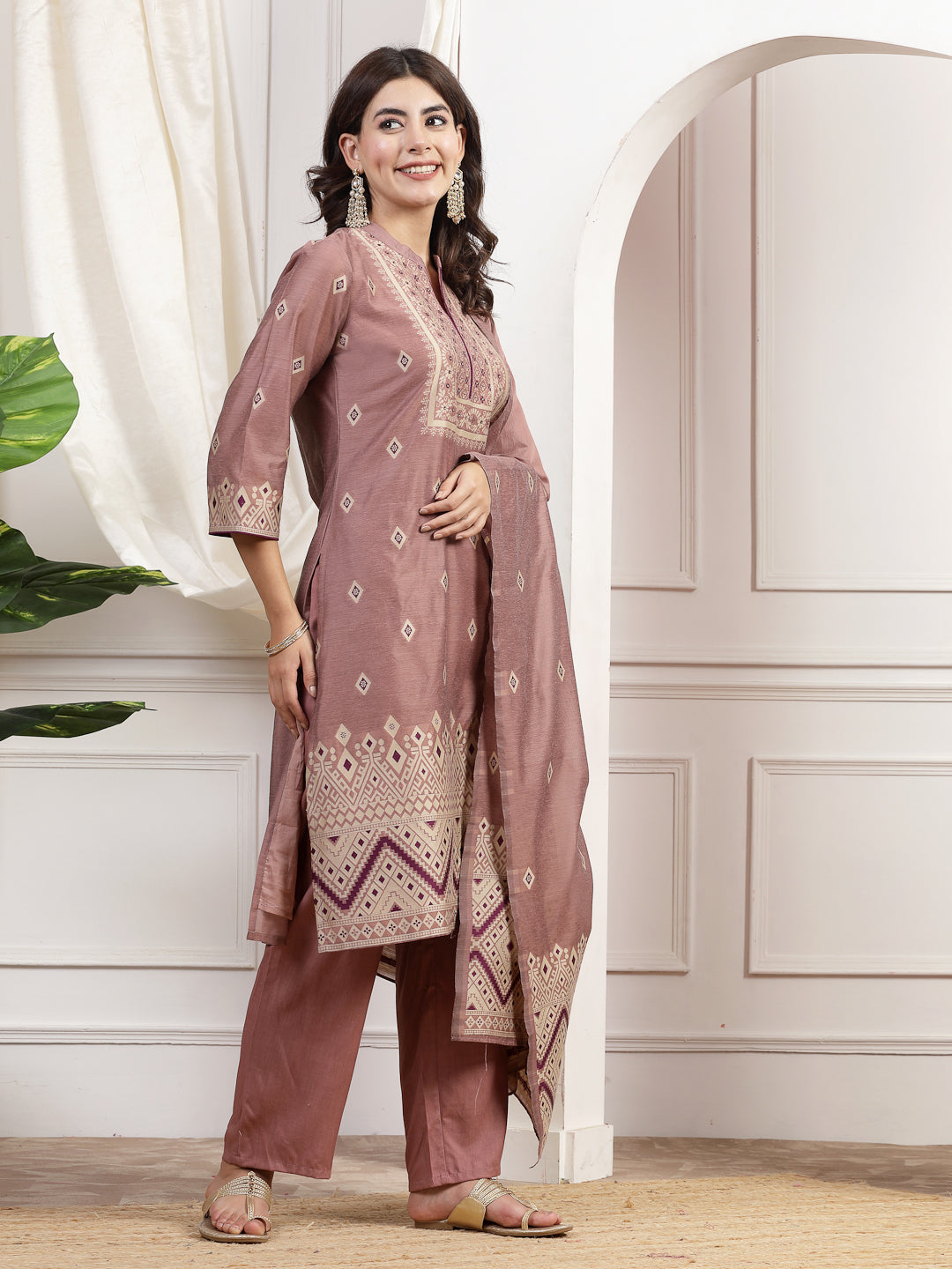 Geometric Printed A-Line Poly Chanderi Kurta Set with Dupatta