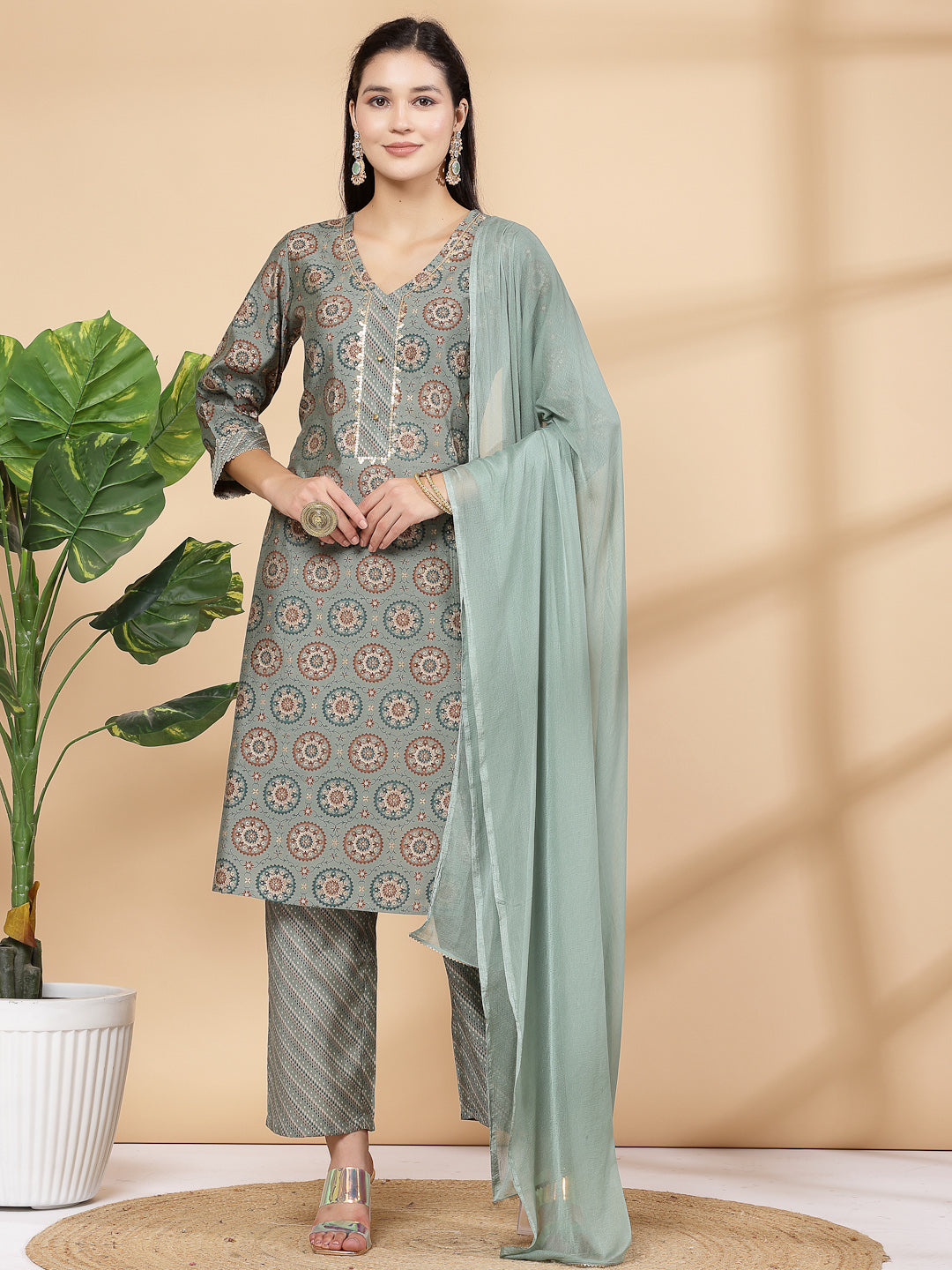 Women&#39;S Printed A-Line Kurta And Palazzo Set With Dupatta