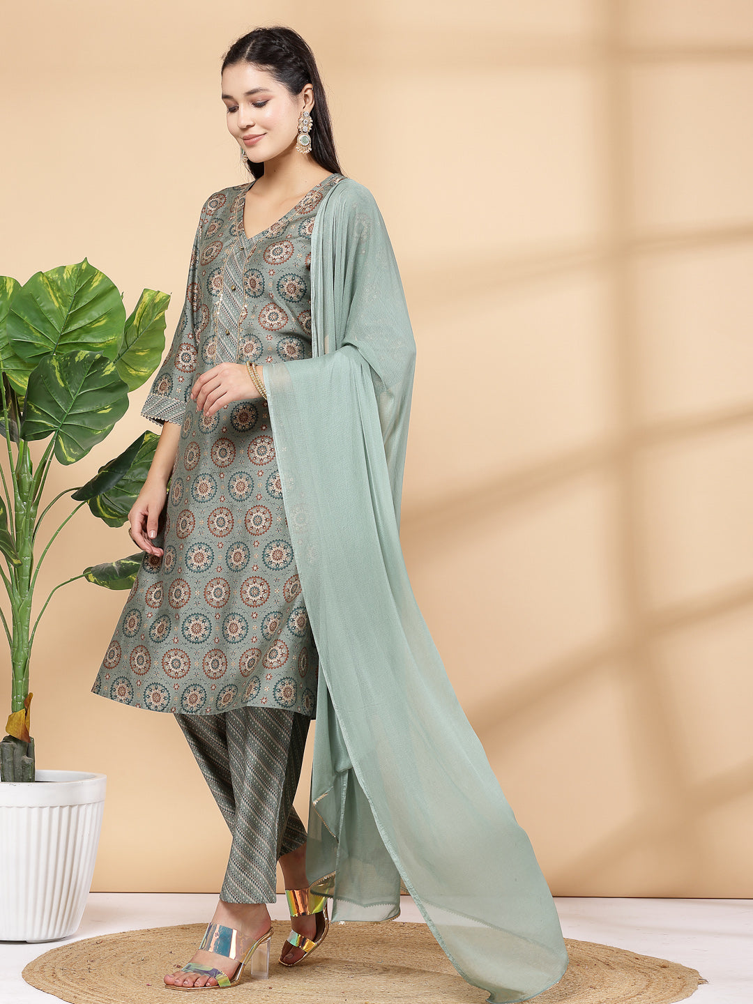 Women&#39;S Printed A-Line Kurta And Palazzo Set With Dupatta