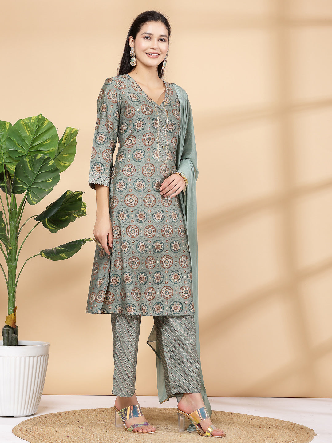 Women&#39;S Printed A-Line Kurta And Palazzo Set With Dupatta