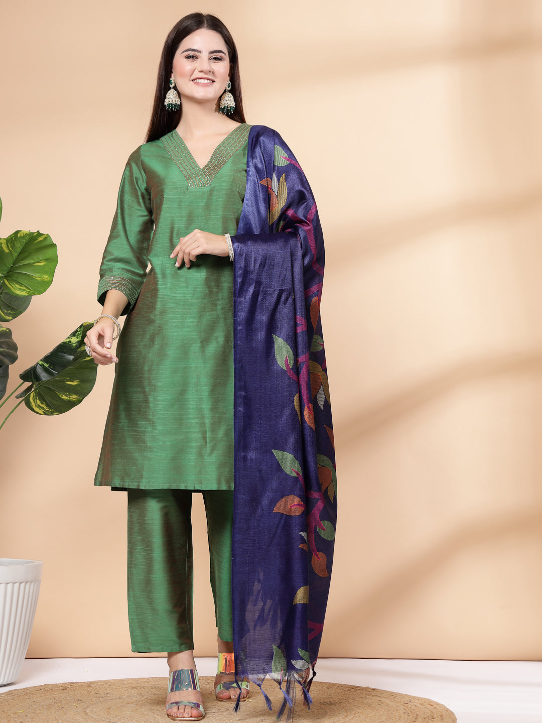 Women&#39;S Embroidered A-Line Kurta And Palazzo Set With Dupatta